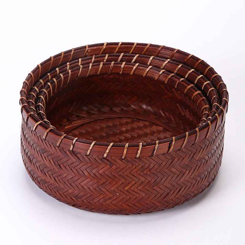Vintage Round Bamboo Woven Serving Tray Fruit Basket Set